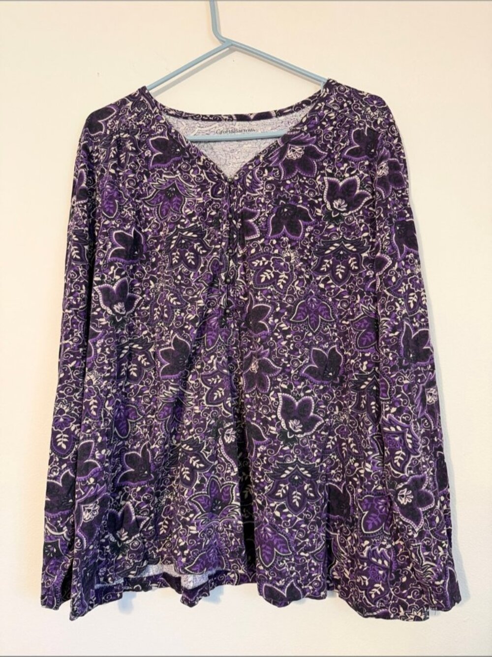 Purple Paisley Floral Long Sleeve Button-Front Top